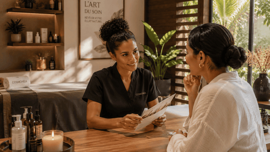 Esthéticienne échangeant avec une cliente dans un institut de beauté premium.