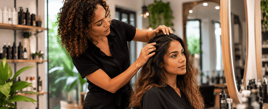 Diagnostic professionnel du cuir chevelu réalisé dans un salon de coiffure moderne.