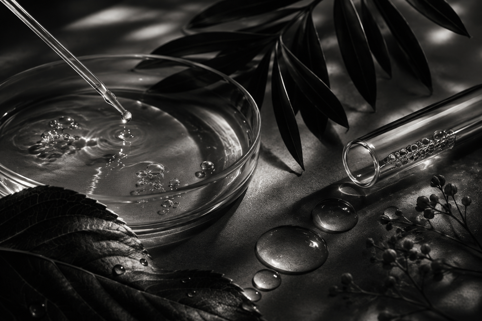 Texture végétale macro inspirée des biotechnologies botaniques avec verre de laboratoire et gouttes organiques dans un univers cosmétique scientifique premium
