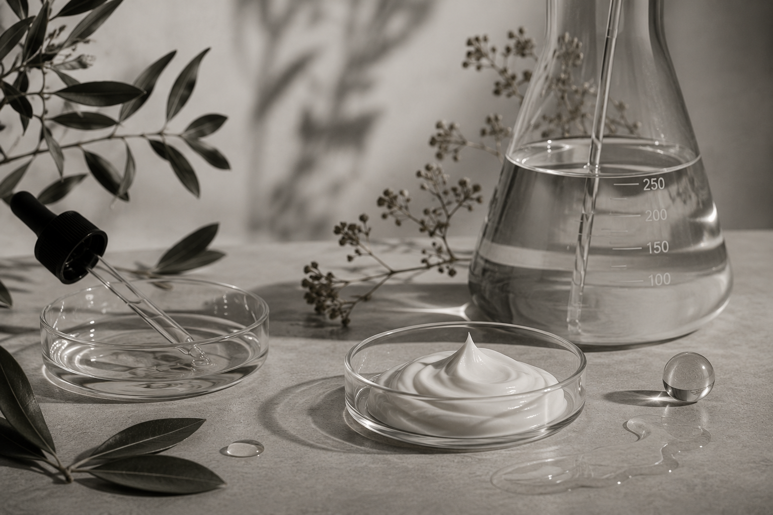 Univers botanique noir et blanc de la gamme Revitalisante Végétal Petite CosmÉthic pour soin capillaire professionnel