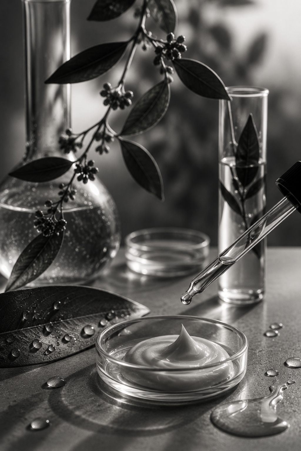 Univers botanique noir et blanc de la gamme Revitalisante Végétal de Petite CosmÉthic, entre eau, verre laboratoire et textures végétales organiques.