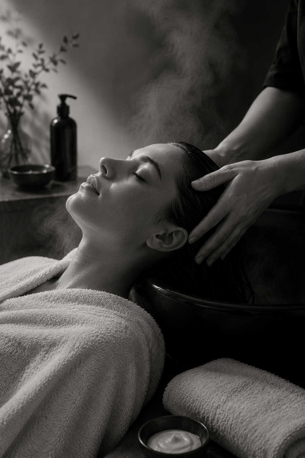 Rituel revitalisant végétal dans un spa capillaire haut de gamme avec massage du cuir chevelu, vapeur douce et serviette chaude en noir et blanc