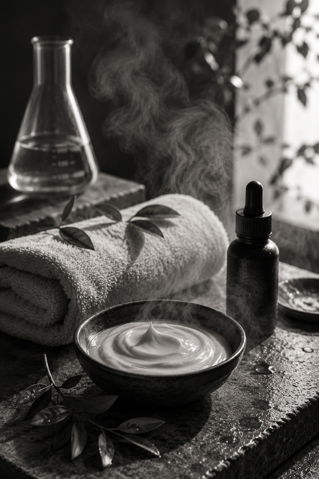 Rituel capillaire revitalisant végétal dans une ambiance spa professionnelle avec serviette chaude, vapeur légère et textures botaniques