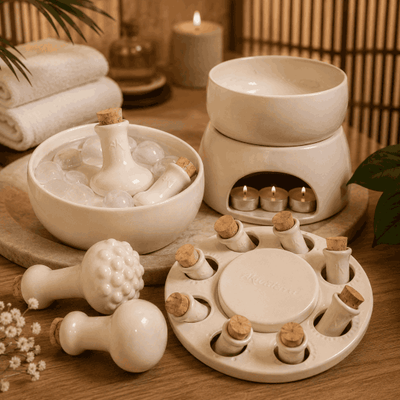Accessoires de massage Akwaterra dans un spa haut de gamme à la Réunion